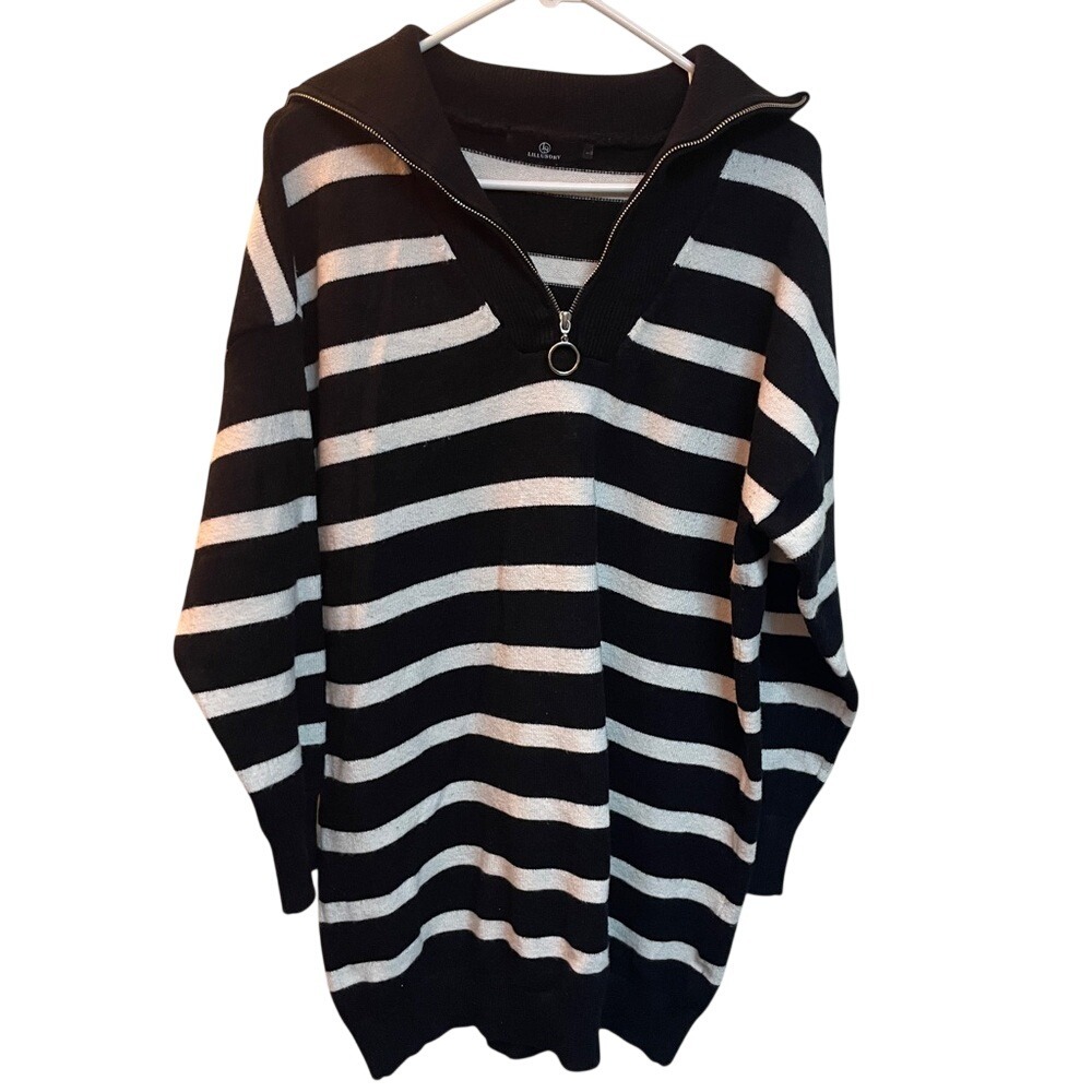 Lillusory Womens Black White‎ Striped Quarter Zip Oversized Sweater Size Large